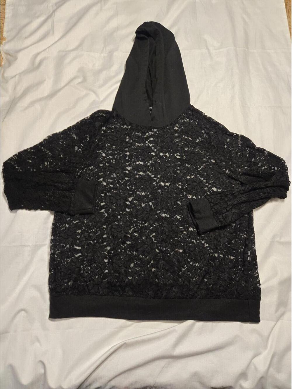 SHEIN Women’s Black Floral Lace Hoodie Sheer Long Sleeve Pullover Sweatshirt XL